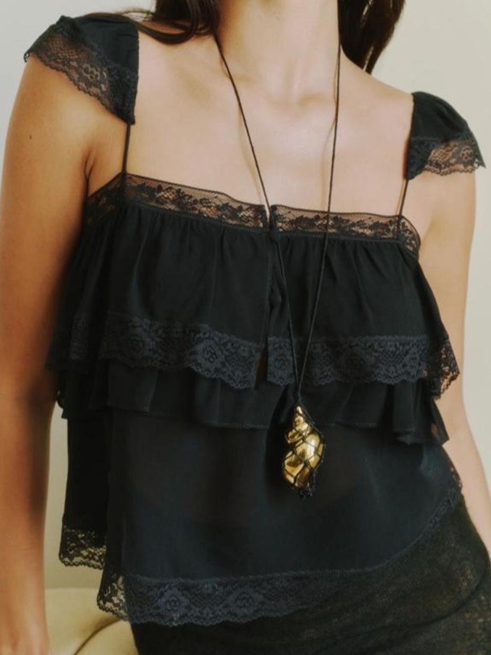 Black Lace-Trim Tiered Camisole